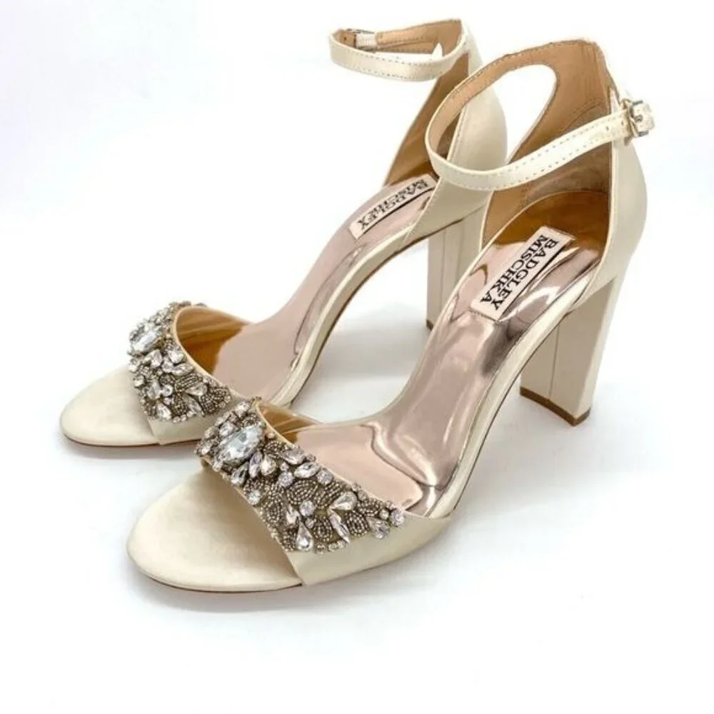 Badgley Mischka Women's Barby Ivory Satin Jeweled Heels New